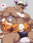  2boys abs animal_ears bara blush briefs bulge bulge_press chest chest_hair cow_boy cow_ears cow_horns facial_hair furry heart highres hombre_tigre_(tokyo_houkago_summoners) horns hug imminent_anal imminent_kiss istani male_focus manly multiple_boys muscle nipples pectorals purple_eyes purple_horns shennong_(tokyo_afterschool_summoners) shirtless short_hair thick_thighs thighs tiger_boy tokyo_houkago_summoners underwear upper_body white_hair yaoi 