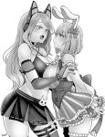  2girls animal_ears arms_behind_back breasts bunny_ayumi bunny_ayumi_(vtuber) bunny_ears butcha-u cat_ear_headphones cleavage commission headphones highres indie_virtual_youtuber large_breasts long_hair midriff monochrome multiple_girls navel open_mouth second-party_source short_hair silvervale single_thighhigh thighhighs virtual_youtuber white_background yuri 