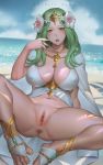  1girl anklet anus bangs bare_shoulders beach bikini blue_sky blush bottomless breasts bridal_legwear circlet cleavage collarbone feet fire_emblem fire_emblem:_three_houses fire_emblem_heroes flower green_eyes green_hair hair_flower hair_ornament jewelry large_breasts legs long_hair looking_at_viewer navel necklace open_mouth parted_bangs pussy rhea_(fire_emblem) shore sitting sky spread_legs swimsuit toes unfairr white_bikini 