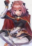  1boy apple armor armored_dress astolfo_(fate) black_bow black_dress black_legwear blush bow braid cloak dress eyebrows eyebrows_visible_through_hair fang fate/apocrypha fate/grand_order fate_(series) food fruit full_body fur-trimmed_cloak fur_trim gauntlets gorget hair_bow hair_intakes happy highres holding holding_food holding_fruit long_braid long_hair long_sleeves male_focus mochi_nabe multicolored_hair open_mouth otoko_no_ko pink_hair puffy_sleeves purple_eyes red_cloak simple_background single_braid sitting smile solo streaked_hair thighhighs white_background 