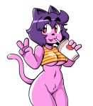  anaugi bottomless breasts clothed clothing domestic_cat felid feline felis female food fur genitals hi_res mammal partially_clothed penny_(anaugi) purple_body purple_fur pussy red_eyes solo under_boob 