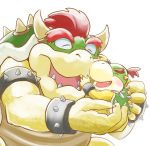  2020 anthro bowser bowser_jr. chamaji claws duo eyes_closed father father_and_child father_and_son hair horn hug koopa male mario_bros nintendo open_mouth open_smile parent parent_and_child red_hair scalie shell simple_background size_difference smile son spiked_shell spikes spikes_(anatomy) teeth tongue video_games 