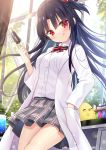  1girl :q =_= azur_lane backlighting black_hair bow breasts buttons chemicals commentary commentary_request day desk eyebrows_visible_through_hair hair_bow hand_in_pocket highres holding jar labcoat long_hair looking_at_viewer manjuu_(azur_lane) medium_breasts plaid plaid_skirt red_bow red_eyes shirt side_ponytail skirt test_tube tongue tongue_out u-73_(azur_lane) u-73_(science_rules!)_(azur_lane) upper_body white_shirt window yano_mitsuki 