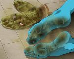  4_toes 5:4 anthro bodily_fluids clothing clothing_transformation dirty_feet dragon dragonium_(artist) duo feet female foot_fetish foot_focus inanimate_transformation living_clothing soles sweat sweaty_feet toes torn_clothing transformation 