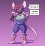  2020 anthro big_breasts blind breasts brown_hair brynne_(sharkrags) clothed clothing dialogue english_text female fur hair looking_at_viewer mammal mouse murid murine rodent simple_background solo speech_bubble talking_to_viewer text topwear walking_stick watsup 