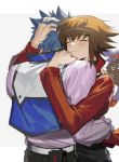  2boys bishounen blue_hair brown_hair closed_eyes crystal_beast_ruby_carbuncle duel_academy_uniform_(yuu-gi-ou_gx) hand_in_another&#039;s_hair highres hug jacket johan_andersen long_hair multicolored_hair multiple_boys red_jacket shirt simple_background soo_joop standing two-tone_hair white_background white_shirt winged_kuriboh yaoi yuu-gi-ou yuu-gi-ou_gx yuuki_juudai 