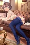  1girl :d absurdres antenna_hair ass bangs blue_footwear blue_legwear blush book book_stack braid braided_bun brown_hair couch green_eyes high_heels highres idolmaster idolmaster_million_live! indoors lace_sleeves lamp legs looking_at_viewer looking_back lying on_couch on_stomach open_mouth paper pink_skirt rug sakuramori_kaori sheet_music shirt skirt skirt_lift smile solo solo07450075 table thighhighs thighs white_shirt 