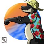  1:1 aloha_shirt anthro belly clothed clothing croc crocodile crocodilian crocodylid flaccid genitals hat headgear headwear musclegut nicohhusky nicothepinkhusky partially_clothed penis reptile scalie simple_background 