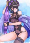  1girl black_gloves black_legwear black_swimsuit breasts fate/grand_order fate_(series) flower gloves hair_flower hair_ornament hair_up half_gloves halterneck highleg highleg_swimsuit janoukyo19 large_breasts long_hair murasaki_shikibu_(swimsuit_rider)_(fate) oversized_object painting pen purple_eyes sidelocks smile swimsuit thighhighs traditional_media 