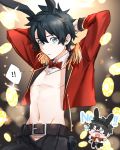  ! !! 1boy animal_ears belt black_hair blue_eyes bow bowtie bunny_boy bunny_ears chibi chibi_inset detached_collar english_text epaulettes fake_animal_ears fate/grand_order fate_(series) fujimaru_ritsuka_(male) haisato_(ddclown14) jacket looking_at_viewer male_focus meme_attire poker_chip red_jacket red_neckwear reverse_bunnysuit reverse_outfit signature solo spoken_exclamation_mark 