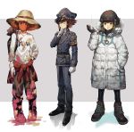  1boy alternate_costume aoki_(fumomo) black_gloves boots brown_eyes brown_footwear brown_hair brown_pants character_name closed_eyes clothes_around_waist coat full_body gloves grey_background hand_in_pocket hand_on_hip hat hat_ribbon helmet hooded_coat male_focus necktie paint_on_clothes pants police police_uniform print_shirt red_ribbon ribbon shirt solo straw_hat sweater sweater_around_waist two-tone_background uniform variations white_background white_coat white_shirt yellow_headwear yuu-gi-ou yuu-gi-ou_gx yuuki_juudai 