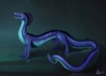  2017 all_fours blue_body blue_scales digitigrade dragon eel feral fish forked_tongue frill_(anatomy) glistening glistening_body glistening_skin head_crest head_frill hi_res hybrid kiva~ long_tail male marine open_mouth purple_eyes ribs scales shadow simple_background slim solo tail_frill tongue 