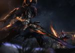  2boys absurdres abyss_watcher armor artorias_the_abysswalker battle blue_capelet blurry_foreground cape capelet commentary dagger dark dark_souls dark_souls_iii dual_wielding duel embers feet_out_of_frame fighting_stance flaming_sword flaming_weapon full_armor gauntlets glowing glowing_eyes greatsword greaves helmet highres holding holding_dagger holding_sword holding_weapon hood hood_up knight light_trail looking_at_another male_focus multiple_boys plume red_cape red_eyes souls_(from_software) standing sword weapon yueqin_(monnpiano) 