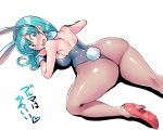  1girl animal_ears ass bare_shoulders blue_eyes blue_hair blush breasts bulma bunny_ears bunny_girl bunny_tail bunnysuit commentary_request dragon_ball dragon_ball_(classic) fake_animal_ears leotard long_hair looking_at_viewer open_mouth pantyhose sideboob simple_background solo tail translation_request tukiwani white_background wrist_cuffs 