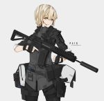  1girl artist_name assault_rifle blonde_hair chinese_robot_kid commentary earpiece english_text eyebrows_visible_through_hair fingerless_gloves full_body gloves gun handgun highres holding holding_gun holding_weapon holster holstered_weapon original p416 pistol rifle simple_background solo suppressor weapon yellow_eyes 