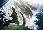  bare_tree bird blue_eyes blue_sky building claws cloud cloudy_sky flock flower flying fog from_below giant_monster godzilla godzilla_(series) highres kaijuu leaf light_rays looking_away monster overgrown scales sky spines standing statue suttoko teeth tree 