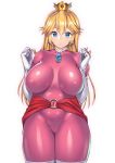  1girl blonde_hair blue_eyes bodysuit breasts covered_navel cowboy_shot crown impossible_bodysuit impossible_clothes large_breasts long_hair mario_(series) nagase_haruhito navel princess_peach shiny shiny_clothes simple_background skin_tight solo standing white_background 