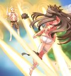  1boy 1girl abs anger_vein angry barefoot bikini bikini_bottom blonde_hair brown_hair character_request cloud commentary_request day energy fate/grand_order fate_(series) floating_hair flying flying_sweatdrops gilgamesh holding ishtar_(fate)_(all) ishtar_(swimsuit_rider)_(fate) long_hair long_sleeves open_clothes open_shirt outdoors sand shirt shore shorts silhouette siya_ho sky soles swimsuit tattoo toes white_bikini 