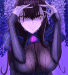  1girl :&gt; black_dress black_sleeves breasts brown_hair cleavage dress fate/grand_order fate_(series) flower gem glowing highres large_breasts long_dress long_hair murasaki_shikibu_(fate) pale_skin puffy_sleeves purple_background purple_eyes purple_flower ribbed_sleeves rocklow sleeves very_long_hair 