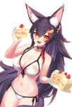  1girl :d animal_ear_fluff animal_ears bikini black_choker black_hair blurry blush breasts cake choker cleavage commentary cowboy_shot cream cream_on_body cream_on_face depth_of_field eyebrows_visible_through_hair fang food food_on_face hair_between_eyes hair_ornament highres holding holding_plate hololive large_breasts leaf_print long_hair looking_at_viewer midriff multicolored_hair navel ookami_mio open_mouth orange_eyes oshiruko_(oshiruco_212048) plate red_hair side-tie_bikini simple_background smile solo strawberry_shortcake streaked_hair swimsuit tail two-tone_hair virtual_youtuber white_background white_bikini wolf_ears wolf_tail 