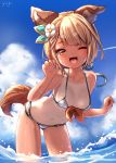  1girl absurdres animal_ears ass_visible_through_thighs bangs bare_shoulders bikini blonde_hair blue_sky blush breasts brown_eyes claw_pose cloud collarbone commentary_request day dog_ears dog_girl dog_tail eyebrows_visible_through_hair flower granblue_fantasy hair_flower hair_ornament halterneck highres leaning_forward looking_at_viewer medium_breasts navel one-piece_tan one_eye_closed open_mouth outdoors short_hair sky smile solo standing string_bikini swimsuit tail tan tanline vajra_(granblue_fantasy) wading water wet yufukiri 