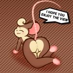  1:1 anus balls blush brown_body brown_fur cinnamon_(shountar) eyes_closed fur genitals heart_shaped_butt looking_back male mammal mouse mouse_tail murid murine pattern_background raised_tail rear_view rodent shountar simple_background small_nose solo text tongue tongue_out 