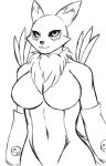 anthro black_sclera breasts clothed clothing digimon digimon_(species) female fluffy fluffy_tail fur hi_res monochrome partially_clothed renamon simple_background solo white_background zi0808 