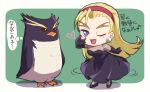  1girl bird black_dress black_footwear black_gloves blonde_hair dorothy_catalonia dress earrings elbow_gloves eyebrows forehead full_body gloves gundam gundam_wing heart jewelry mitsucho one_eye_closed open_mouth penguin purple_eyes rockhopper_penguin simple_background 