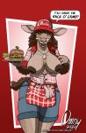  amber_eyes anthro baseball_cap bovid breasts burger caprine cloth clothed clothing diner dog_tags english_text eyewear female flashing_breasts food fries glasses hat headgear headwear hi_res mammal nipples notebook omny87 open_clothing open_shirt open_topwear sheep shirt solo text topwear truck_stop trucker_hat waiter 