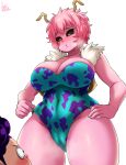  1boy 1girl :o absurdres adapted_costume adjusting_clothes aqua_leotard ashido_mina black_sclera blush boku_no_hero_academia breasts cleavage fur_trim height_difference highres horns jmg leotard messy_hair mineta_minoru multicolored_leotard pink_hair pink_skin purple_hair short_hair thighs yellow_eyes yellow_horns 