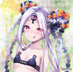  1girl :q abigail_williams_(fate/grand_order) artist_name bare_shoulders black_bow blush bow breasts collarbone commentary_request fate/grand_order fate_(series) hair_bow heart heart-shaped_pupils long_hair looking_at_viewer orange_bow pale_skin pomimiko red_eyes silver_hair small_breasts solo symbol-shaped_pupils tongue tongue_out upper_body 