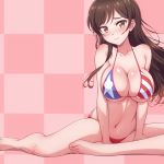  1girl absurdres american_flag_bikini barefoot bikini blush breasts brown_eyes brown_hair checkered checkered_background cleavage covered_nipples flag_print highres kanojo_okarishimasu large_breasts nanami_mami navel p-nekoe pink_background swimsuit 