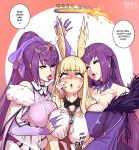 3girls blonde_hair blush breast_grab breasts cleavage clone dress dual_persona english_text fate/grand_order fate_(series) fellatrix gameplay_mechanics girl_sandwich grabbing groping head_wings implied_futanari implied_handjob large_breasts lipstick lipstick_mark long_hair makeup multiple_girls naughty_face open_mouth purple_hair sandwiched scathach_(fate)_(all) scathach_skadi_(fate/grand_order) smile sound_effects speech_bubble sweat thrud_(fate/grand_order) tiara tongue tongue_out valkyrie_(fate/grand_order) very_long_hair yuri 