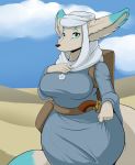  2017 anthro backpack belt big_breasts blue_ears blue_eyes breasts canid canine clothing collar curvaceous curvy_figure desert eyeliner female fennec fox fur hand_on_chest hi_res looking_at_viewer makeup mammal multicolored_ears multicolored_tail nieve_(dragonwingeddestroyer) nightfaux ranged_weapon robe solo thick_thighs voluptuous weapon white_body white_fur wide_hips 