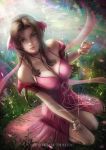  1girl aerith_gainsborough alexandra_mae artist_name banned_artist basket black_choker bracelet breasts brown_hair choker cleavage closed_mouth day dress final_fantasy final_fantasy_vii final_fantasy_vii_remake fingernails forehead from_above full_body green_eyes hand_on_own_thigh highres jacket jewelry large_breasts long_fingernails long_hair looking_at_viewer looking_up meadow off_shoulder on_grass on_ground open_clothes open_jacket outdoors petals pink_dress red_jacket short_sleeves signature sitting smile solo sunlight tri_braids wariza watermark web_address 
