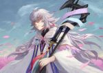  1boy absurdres ahoge bangs bishounen center_frills cloud fate/grand_order fate_(series) field flower flower_field flower_knot hair_between_eyes hair_ornament highres holding holding_staff holding_weapon hood hood_down hooded_robe light_smile long_hair long_sleeves male_focus merlin_(fate) multicolored_hair pants petals pink_eyes pink_ribbon ribbon robe shaded_face sky smile solo staff tassel torittekawaii turtleneck two-tone_hair very_long_hair weapon white_hair white_robe wide_sleeves 