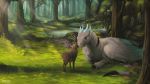  16:9 boop cervid darkflamewolf dragon female feral fluffy folded_wings forest hi_res llydia_the_fluff_dragon_(darkflamewolf) mammal nose_boop pond size_difference solo tree vampi waterfall widescreen wings 