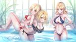  3girls absurdres bikini bikini_bottom bikini_top blonde_hair blue_eyes braid breasts fg42_(girls_frontline) french_braid g43_(girls_frontline) girls_frontline highres martinreaction mole mole_on_breast mp40_(girls_frontline) multiple_girls pool red_eyes string_panties swimsuit 