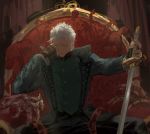  1boy black_gloves blue_coat bone claws closed_mouth coat cropped devil_may_cry devil_may_cry_5 fingerless_gloves gloves hair_slicked_back highres holding holding_sword holding_weapon iohmzgd katana male_focus sitting sketch solo sword thorns throne turtleneck vergil weapon white_eyes white_hair 
