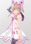  1girl animal_hood arms_up bangs bikini blonde_hair breasts eyebrows_visible_through_hair fate/grand_order fate/kaleid_liner_prisma_illya fate_(series) from_side gloves grey_background heart heart-shaped_pupils hood hood_up illyasviel_von_einzbern illyasviel_von_einzbern_(swimsuit_archer)_(fate) looking_at_viewer micro_bikini one_eye_closed raincoat red_eyes see-through shiny shiny_clothes simple_background small_breasts solo soukai_(lemonmaiden) striped striped_gloves striped_legwear sweatdrop swimsuit symbol-shaped_pupils thighhighs 