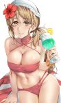  1girl bare_arms bare_shoulders bikini blush breasts brown_eyes brown_hair cleavage collarbone cowboy_shot cup drink drinking_straw eyebrows_visible_through_hair flower food fruit groin hair_flower hair_ornament highres holding holding_cup kantai_collection kokuzou large_breasts lemon lemon_slice littorio_(kantai_collection) long_hair navel red_bikini red_flower simple_background smile solo swimsuit white_background 