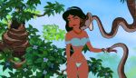  anthro bikini clothed clothing coiling collar crossover day detailed_background disney disney&#039;s_aladdin ear_piercing ear_ring female feral group hi_res human human_focus jannilove jungle jungle_book kaa_(jungle_book) male mammal mowgli piercing princess_jasmine_(aladdin) skimpy swimwear tan_body tan_skin 