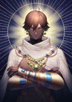 1boy abs absurdres ahoge brown_hair cape crossed_arms dark_skin dark_skinned_male egyptian egyptian_clothes fate/grand_order fate/prototype fate/prototype:_fragments_of_blue_and_silver fate_(series) gauntlets hair_between_eyes highres jewelry looking_at_viewer male_focus mikazuki_tsukiyo muscle necklace ozymandias_(fate) shirtless shrug_(clothing) smile solo white_cape yellow_eyes 