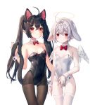  2girls ahoge angel_wings animal_ears arm_at_side bangs bare_arms bare_shoulders black_hair black_legwear black_leotard blush bow bowtie breasts bunny_ears bunny_girl bunnysuit cat_ears cat_tail closed_mouth collar commentary_request covered_navel cowboy_shot detached_collar extra_ears eyebrows_visible_through_hair fang feathered_wings frown grey_hair halo hand_up highleg highleg_leotard highres leotard long_hair looking_at_viewer medium_breasts multiple_girls original pale_skin pantyhose pointy_ears red_bow red_eyes shiro_albino short_hair simple_background skin_fang small_breasts strapless strapless_leotard tail tail_grab thigh_gap thighhighs twintails white_background white_collar white_legwear white_leotard white_wings wings wrist_cuffs 