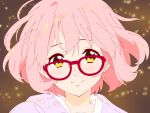  1girl blush commentary_request facing_viewer glasses highres kuriyama_mirai kyoukai_no_kanata looking_at_viewer maou_(ajtdmw369) pink_hair red-framed_eyewear short_hair smile solo translation_request upper_body yellow_eyes 