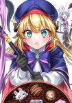  1boy 1girl artist_name artoria_pendragon_(all) artoria_pendragon_(caster) blonde_hair blush chocolate commentary_request elbow_gloves eyebrows_visible_through_hair fate/grand_order fate_(series) fou_(fate/grand_order) gloves green_eyes hair_between_eyes hat holding holding_staff long_hair looking_at_viewer merlin_(fate) open_mouth simple_background staff star-shaped_pupils star_(symbol) symbol-shaped_pupils twitter_username watermark white_background white_hair yayoi_maka 