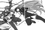  1boy 2girls armor artoria_pendragon_(all) blindfold blood boots breastplate chain commentary_request dagger debris deep_wound dress emiya_shirou fate/stay_night fate_(series) fighting gauntlets greyscale hiroe_rei injury long_hair monochrome multiple_girls rider saber short_dress shoulder_armor simple_background thigh_boots thighhighs torn_clothes very_long_hair weapon 