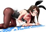  1girl absurdres all_fours animal_ears black_hair black_legwear black_leotard bow bowtie breasts bunny_ears bunny_tail bunnysuit character_name detached_collar fake_animal_ears feet_out_of_frame glasses green_eyes highres iekuo kantai_collection leotard long_hair ooyodo_(kantai_collection) pantyhose red_neckwear semi-rimless_eyewear simple_background small_breasts solo strapless strapless_leotard tail under-rim_eyewear white_background wrist_cuffs 