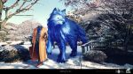  1boy animal claws fate/grand_order fate_(series) gloves hat hat_removed headless headwear_removed highres jacket lobo_(fate/grand_order) oversized_animal photo_background scarf snow suitcase tree tsuk8454 under_the_same_sky walking wolf yellow_eyes 