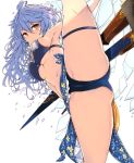  1girl ahoge arm_up armpits bangs bare_shoulders bikini blonde_hair blue_bikini blue_hair blush breasts brown_eyes cameltoe closed_mouth commentary_request from_below granblue_fantasy hair_between_eyes leg_up looking_at_viewer looking_down medium_breasts navel sarong silva_(granblue_fantasy) solo split standing standing_on_one_leg standing_split swimsuit thigh_strap thighs underboob venomrobo white_background 